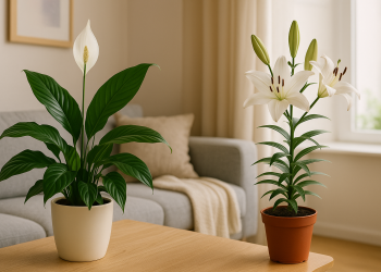 Indoor peace lily plant with vibrant green leaves and white blooms in a decorative pot