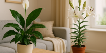 Indoor peace lily plant with vibrant green leaves and white blooms in a decorative pot