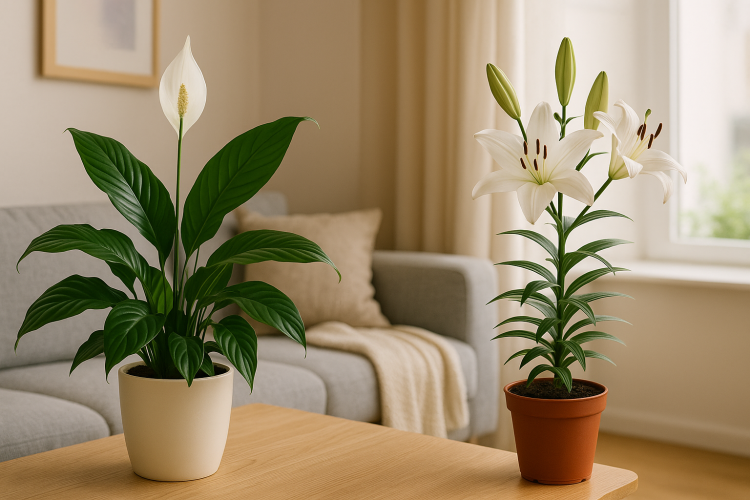 Indoor peace lily plant with vibrant green leaves and white blooms in a decorative pot