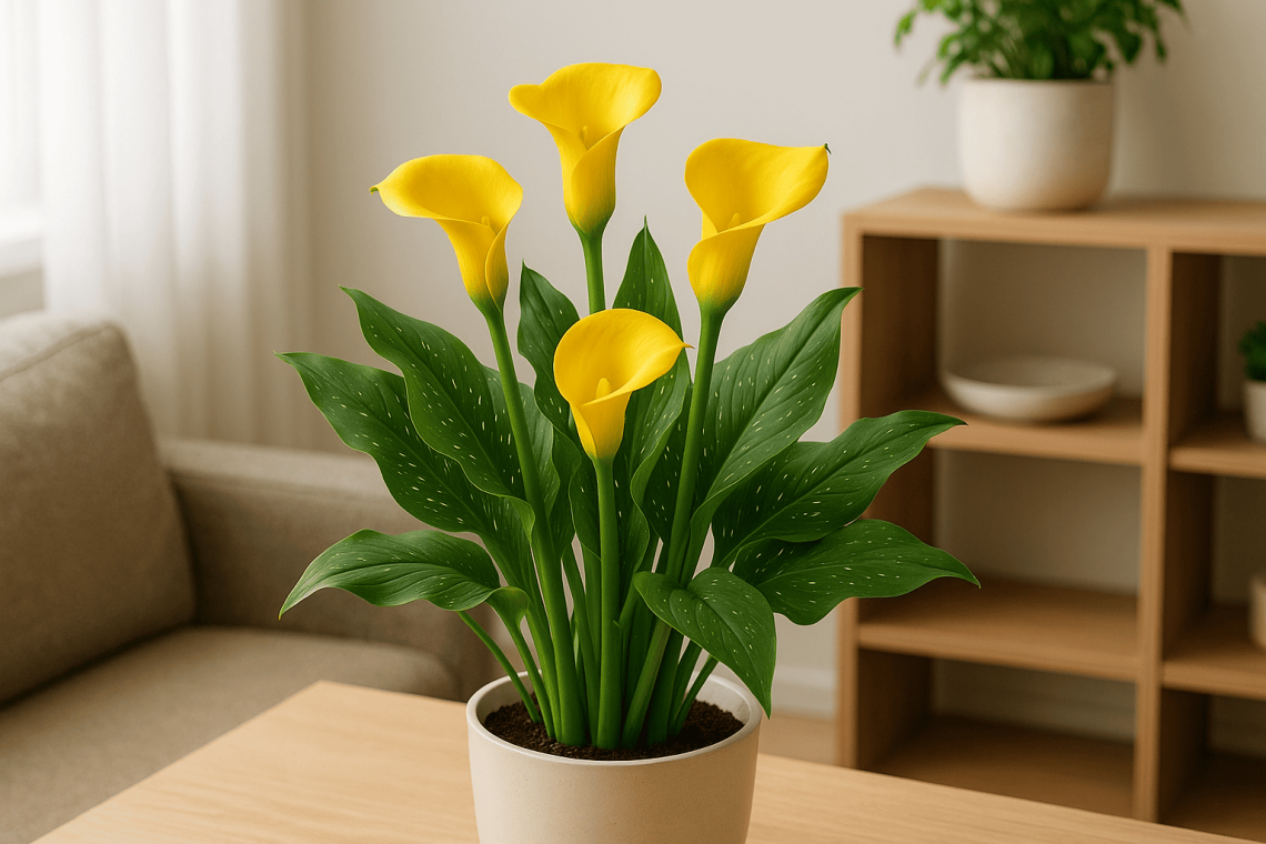 Indoor calla lily plant with vibrant green leaves and white blooms in a decorative pot