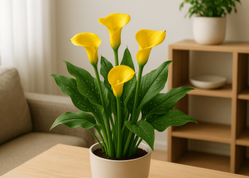 Indoor calla lily plant with vibrant green leaves and white blooms in a decorative pot