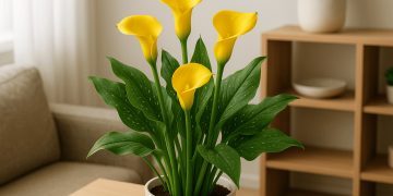 Indoor calla lily plant with vibrant green leaves and white blooms in a decorative pot