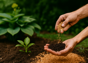 Moist garden soil with mulch to improve water retention in home gardens