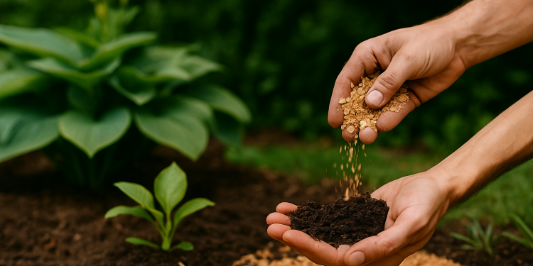 Moist garden soil with mulch to improve water retention in home gardens