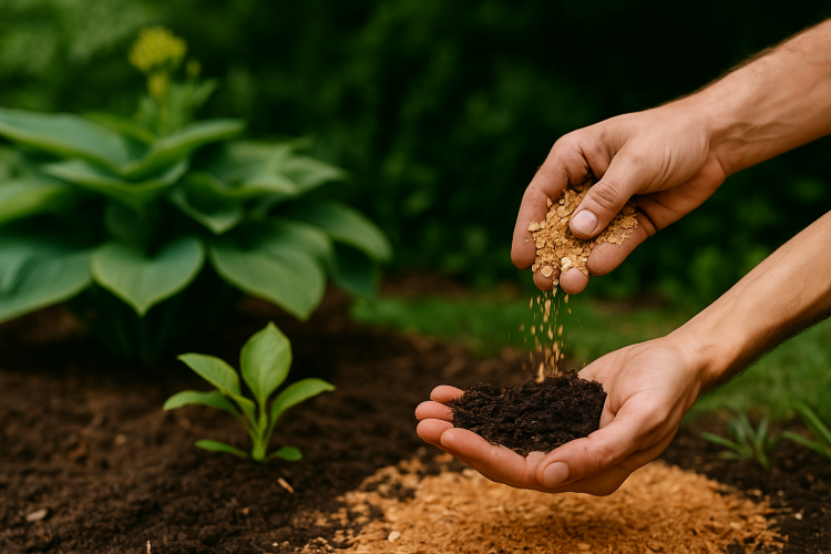 Moist garden soil with mulch to improve water retention in home gardens