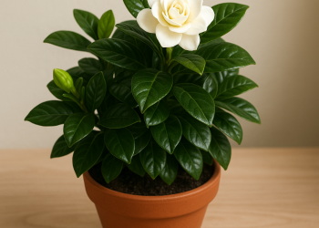 Indoor gardenia plant in bloom showing healthy green leaves and white flowers