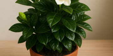 Indoor gardenia plant in bloom showing healthy green leaves and white flowers