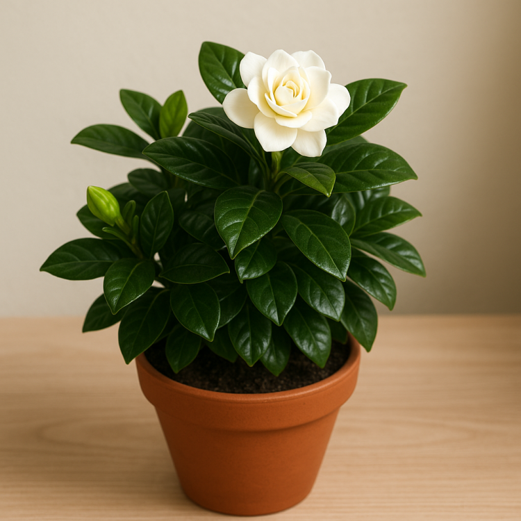 Indoor gardenia plant in bloom showing healthy green leaves and white flowers