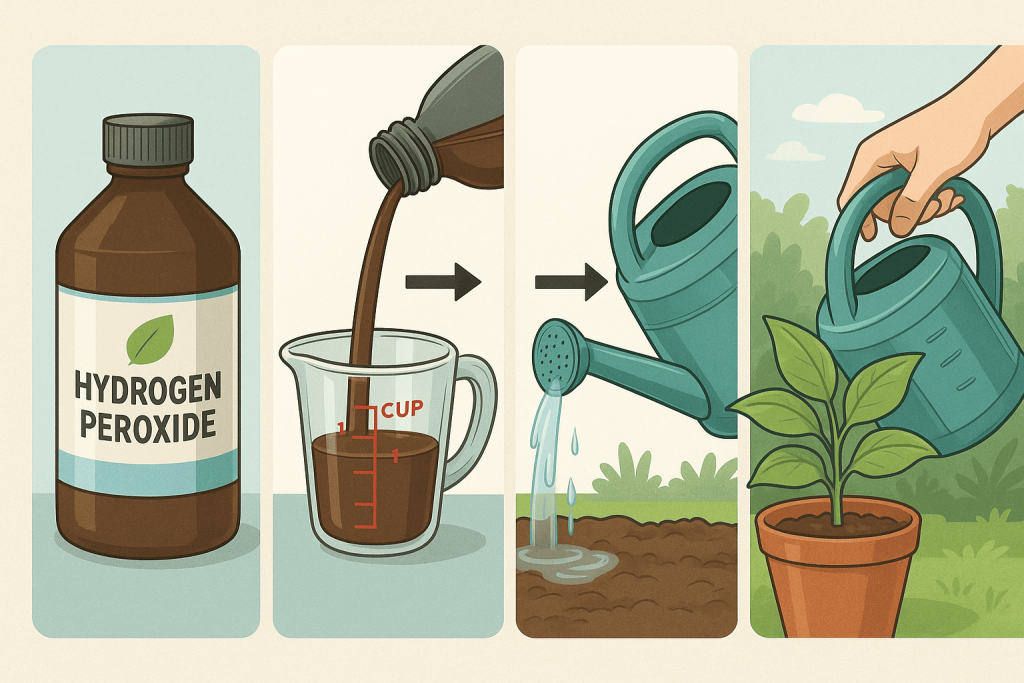 Applying hydrogen peroxide solution to vegetable plants in an organic garden