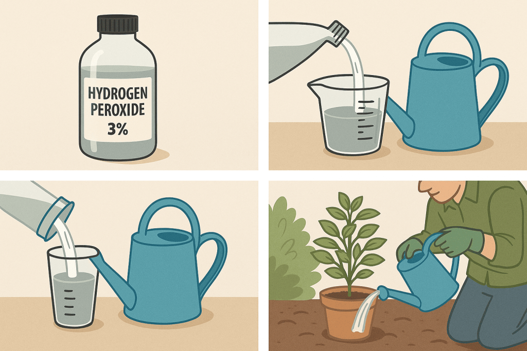 Applying hydrogen peroxide solution to plants in an organic garden for disease prevention
