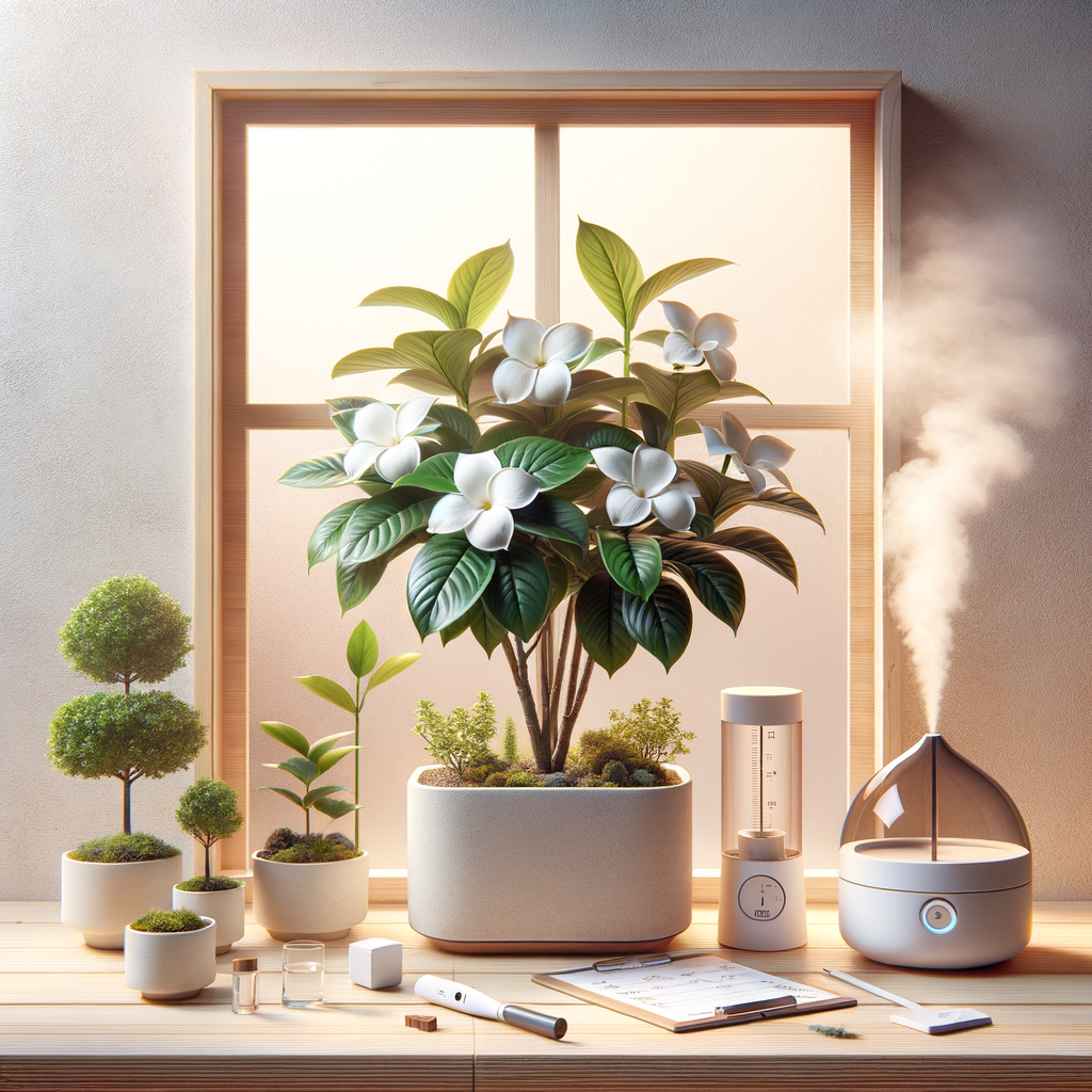 Indoor gardenia plant with glossy green leaves and blooming white flowers in a pot