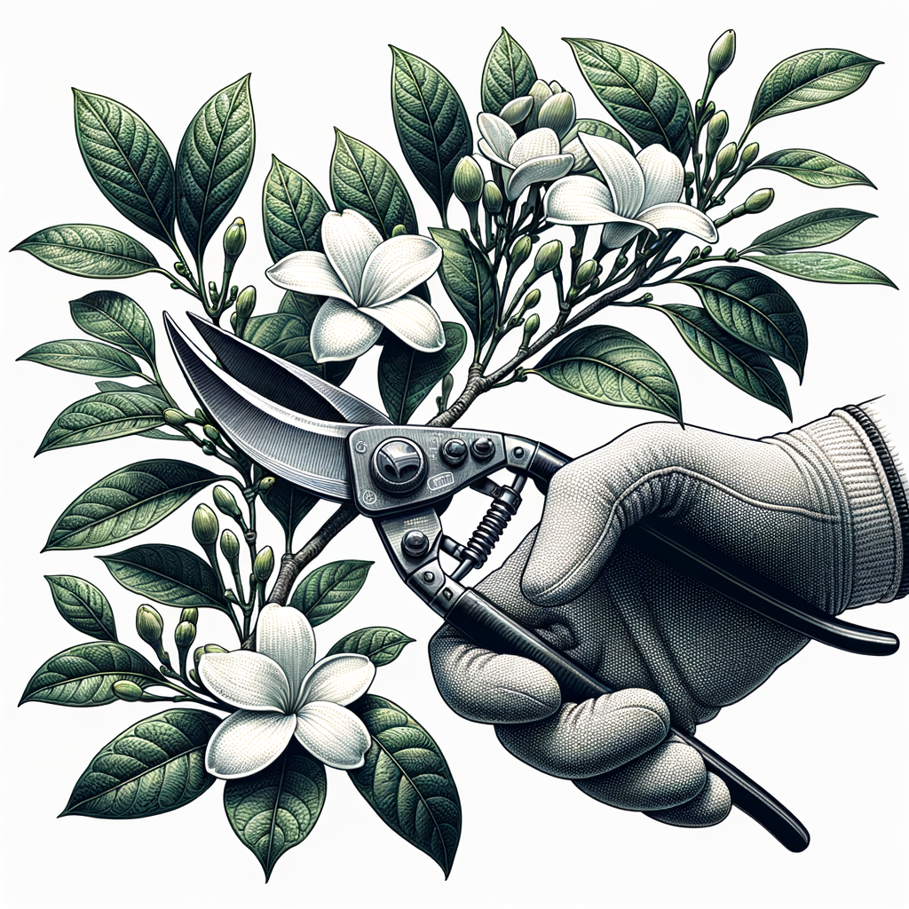 Blooming indoor gardenia plant with glossy green foliage and white aromatic flowers