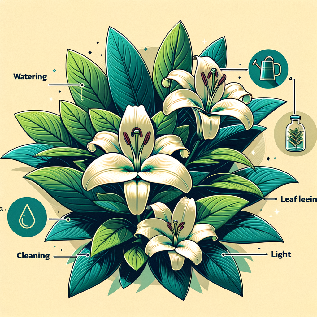 Peace lily plant in indoor pot with healthy green leaves and white spathe flower