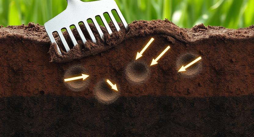 Illustration showing lawn aeration and dethatching process that improves soil oxygen, nutrient absorption, and prevents rust fungus