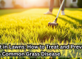Gardener raking lawn during early morning light to treat and prevent rust fungus, a common grass disease in late summer and fall