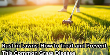 Gardener raking lawn during early morning light to treat and prevent rust fungus, a common grass disease in late summer and fall