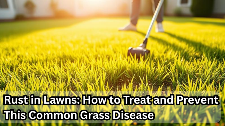Gardener raking lawn during early morning light to treat and prevent rust fungus, a common grass disease in late summer and fall