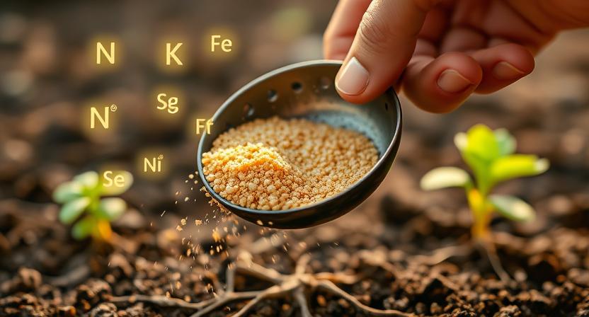 Hand applying balanced lawn fertilizer with nitrogen, phosphorus, and potassium to strengthen grass and prevent rust disease