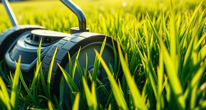 Close-up of lawn mower cutting healthy green grass at proper height to prevent rust fungus and promote resilient turf