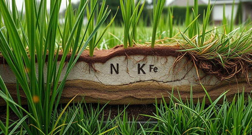 Cross-section of healthy lawn roots showing nitrogen, potassium, and iron balance — essential nutrients that help prevent rust and lawn diseases.