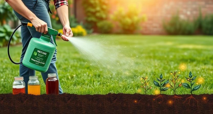 Gardener applying organic fungicide spray on lawn to treat rust naturally and promote healthy grass growth