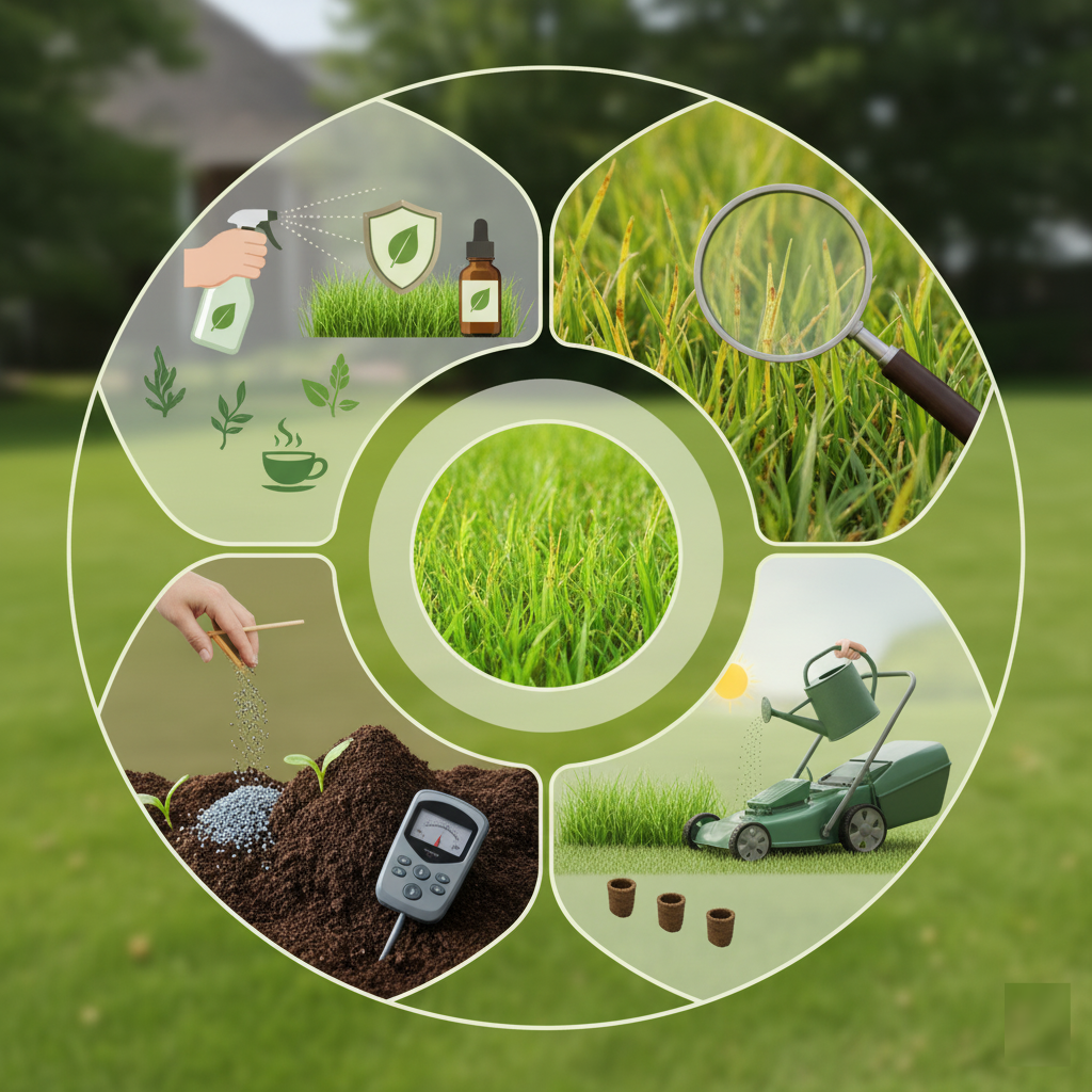 Visual step-by-step plan for lawn rust treatment including watering, soil testing, fertilizing, and organic care methods