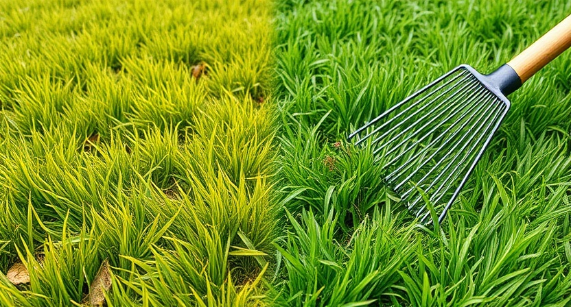 Yellow patches and healthy green grass showing early warning signs of lawn rust disease before treatment.