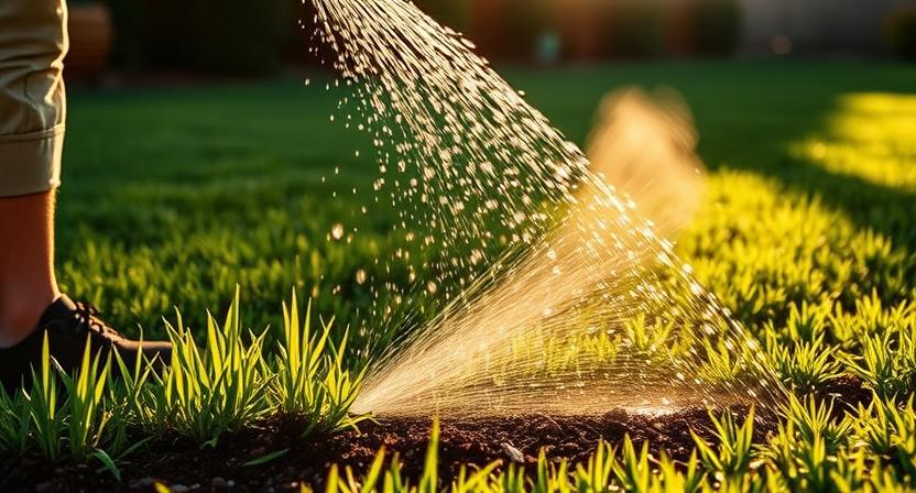 Gardener watering lawn in the morning to prevent rust fungus and promote healthy turf growth through deep root hydration.