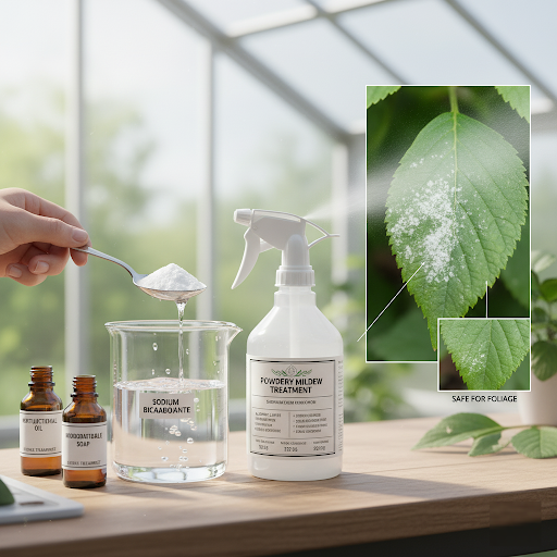 Preparing a baking soda spray for powdery mildew treatment, showing sodium bicarbonate being mixed with water and applied to a leaf with early fungal spots