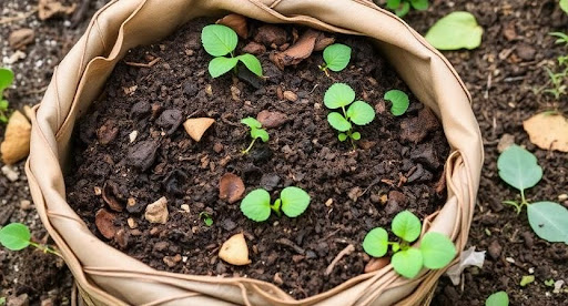 Finished compost enriching garden soil with young seedlings emerging, showing healthy organic matter and soil structure