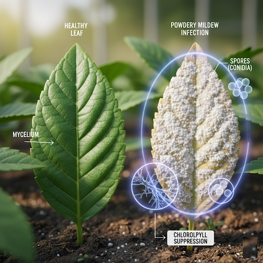 Comparison between a healthy leaf and a leaf infected with powdery mildew, showing white fungal growth, spores, and reduced chlorophyll affecting photosynthesis