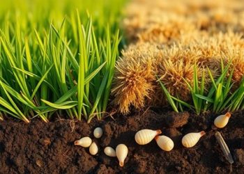 Close-up of lawn grubs in soil beneath damaged grass, illustrating how to get rid of lawn grubs and prevent brown patches.
