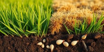 Close-up of lawn grubs in soil beneath damaged grass, illustrating how to get rid of lawn grubs and prevent brown patches.