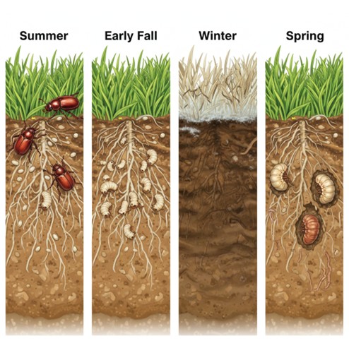 Seasonal lawn grub life cycle chart showing summer beetles, fall feeding grubs, winter dormancy, and spring root damage to help explain how to get rid of lawn grubs effectively.