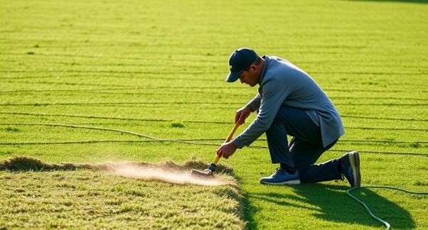 Homeowner watering lawn after applying treatment to control grubs, demonstrating how to get rid of lawn grubs and protect grass roots from damage.