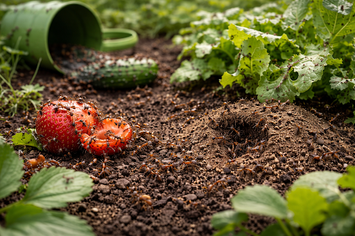 Ants swarming over damaged strawberries on garden soil near a small anthill and leafy plants, showing an active ant infestation in a vegetable garden.