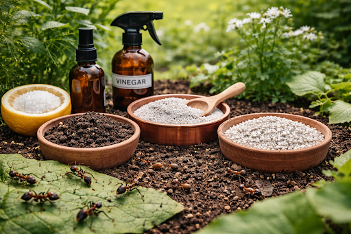 Bowls of salt, diatomaceous earth, and soil placed in a garden bed next to a vinegar spray bottle, with ants crawling nearby, illustrating natural remedies for garden ant control.